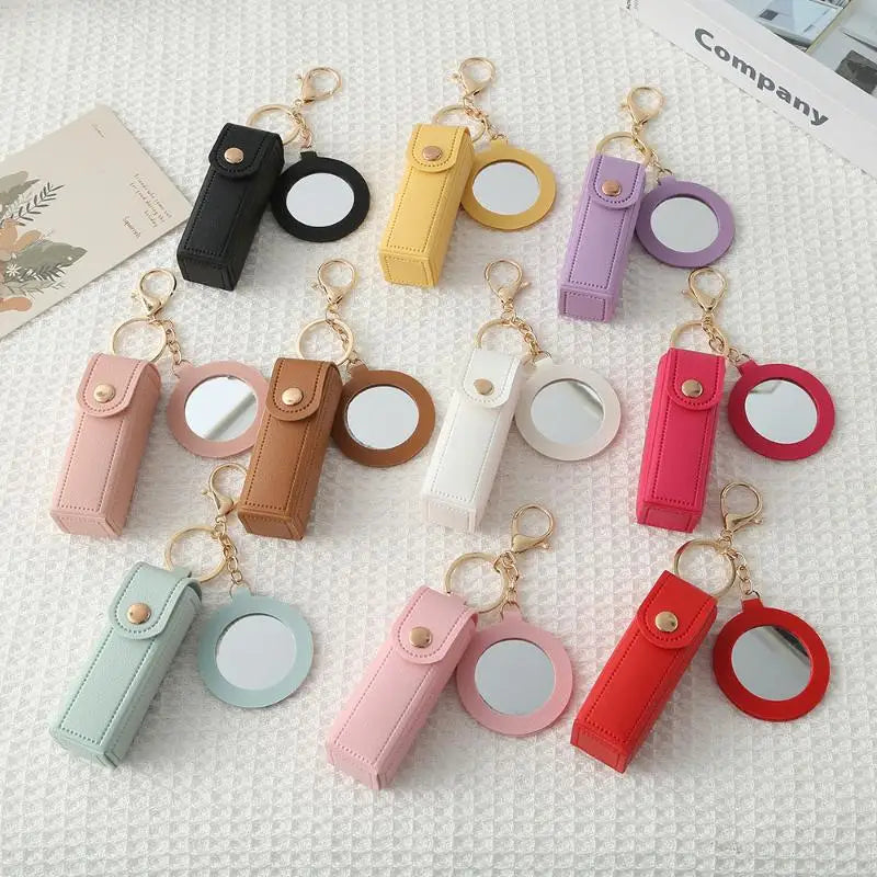 PU Leather Lipstick Holder Keychain with Flower Mirror