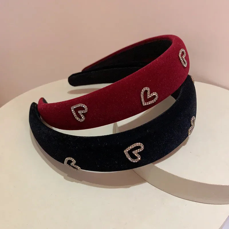 Fashion Lady Hair Hoop Velvet Heart Shape Rhinestone Headband Female