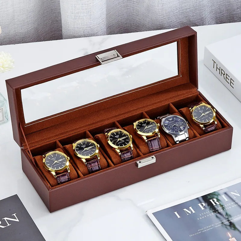 6-Slot PU Leather Watch Box Luxury Storage Display Case Wristwatch