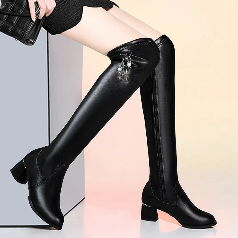 Women's Over-the-Knee Boots – Block Heel, Non-Slip, Faux Leather