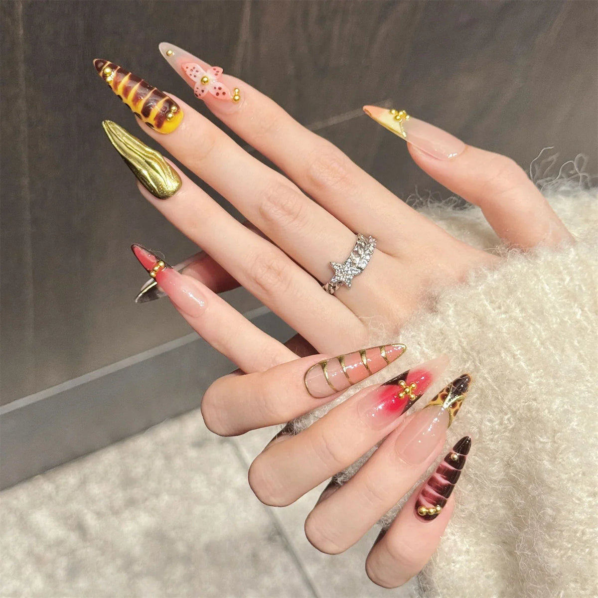 Long Pointed Press On Nails | Gradient Tortoiseshell French Tips