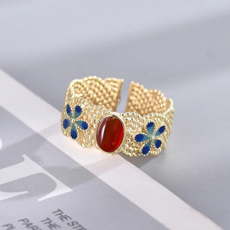 Huitan Gold Blue Flower Ring Red Stone – Women's Fashion Ring