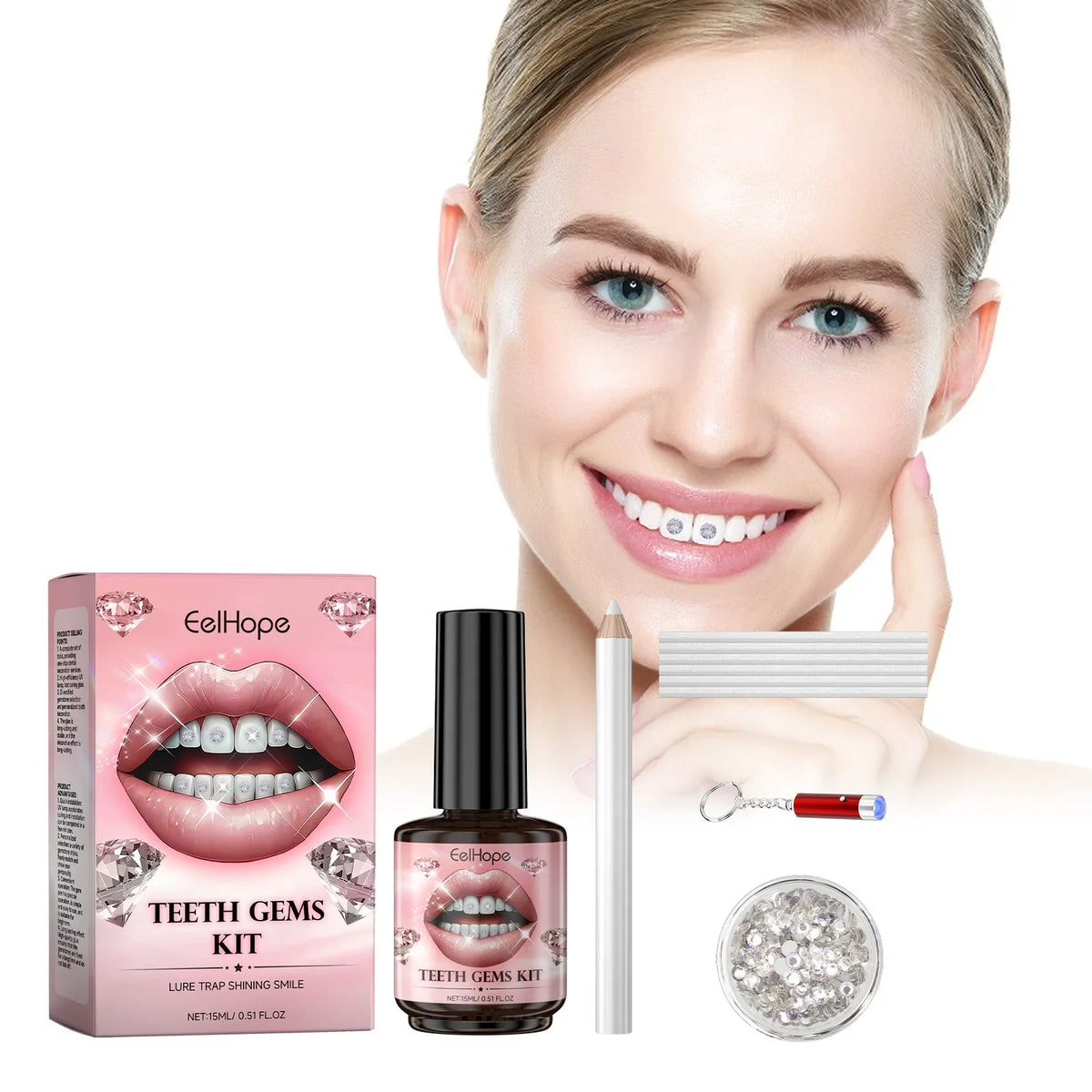 DIY Teeth Gems Kit – 100 Dental Gemstones, UV Light & Glue