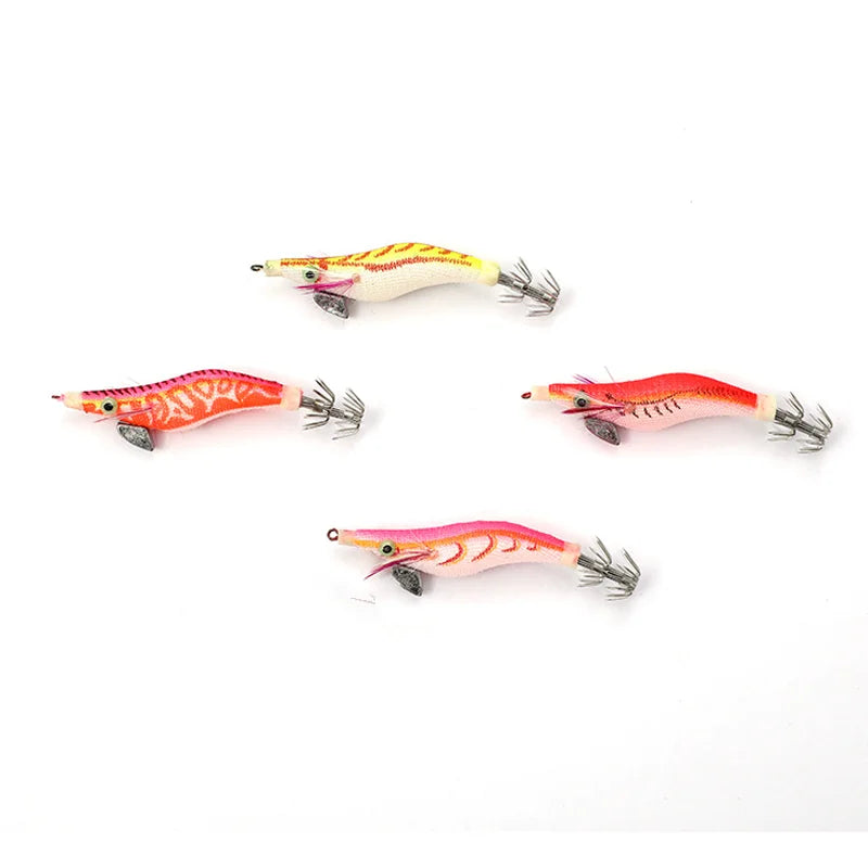 Squid Jig Shrimp Fishing Lures Wood Prawn Baits Hooks Angling Tackle
