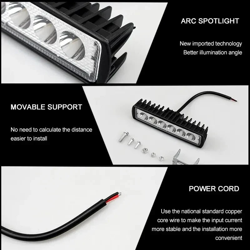 LED Work Light Bar 6000K 12V IP67 Flood Beam Off-Road Lamp