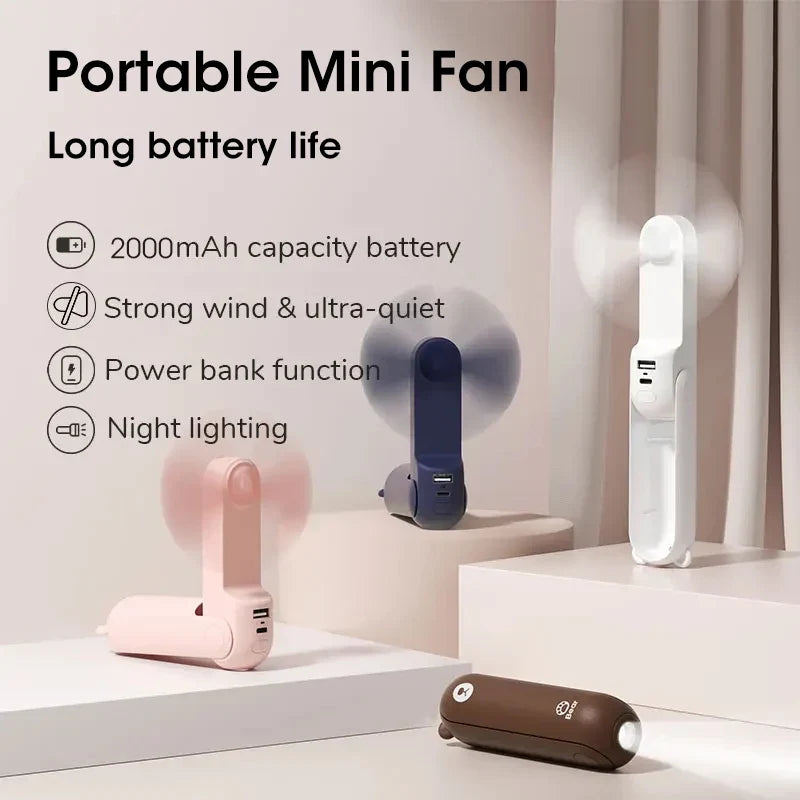 Portable Mini Handheld Fan USB Rechargeable 2000mAh + Power Bank
