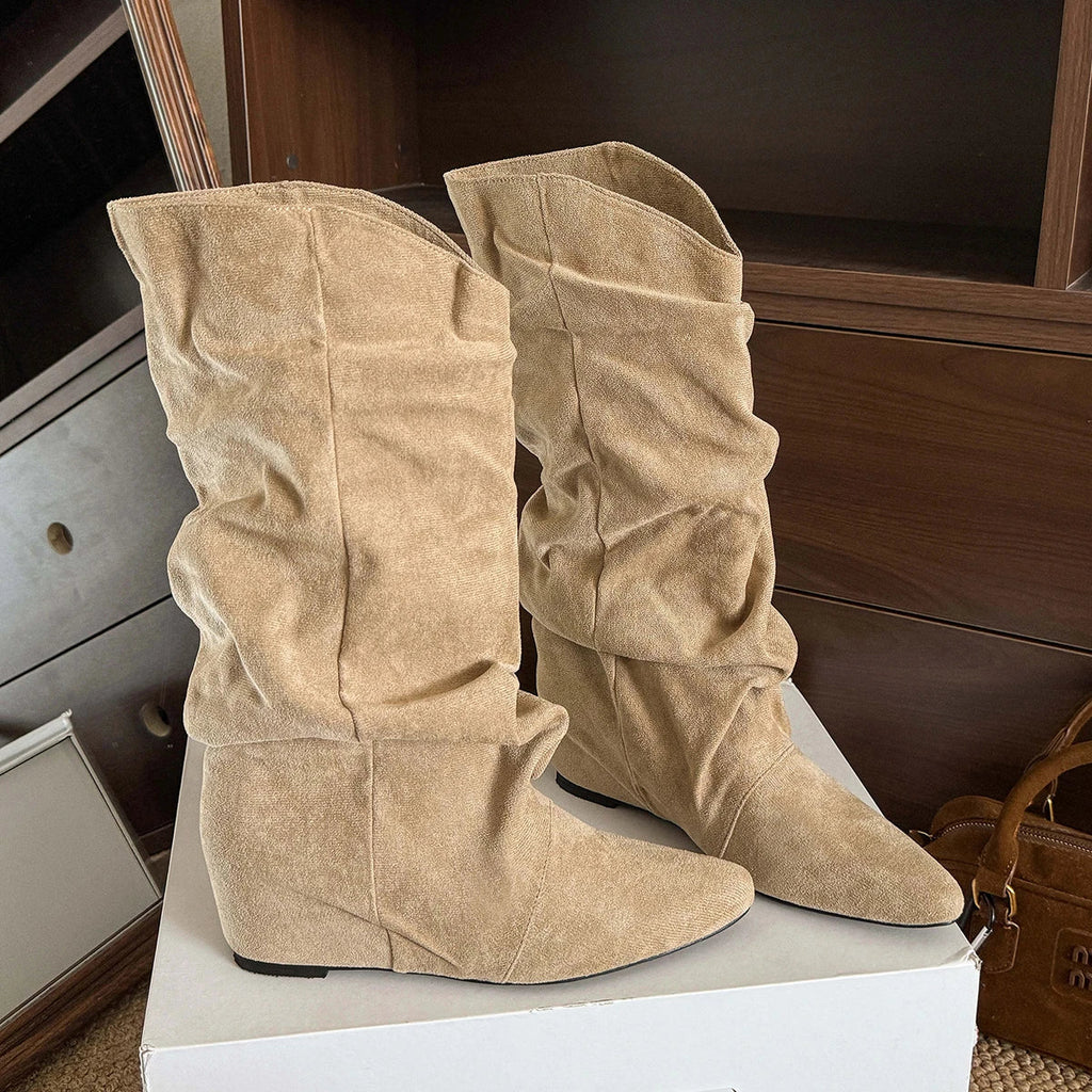 Women's Khaki Suede Mid-Calf Western Boots | Pointed Toe