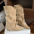 Women's Khaki Suede Mid-Calf Western Boots | Pointed Toe
