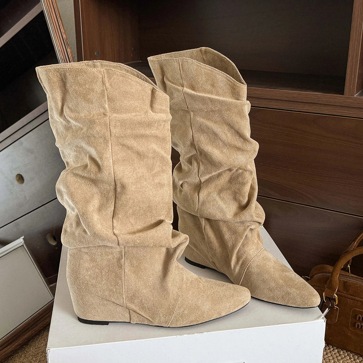 Women's Khaki Suede Mid-Calf Western Boots | Pointed Toe