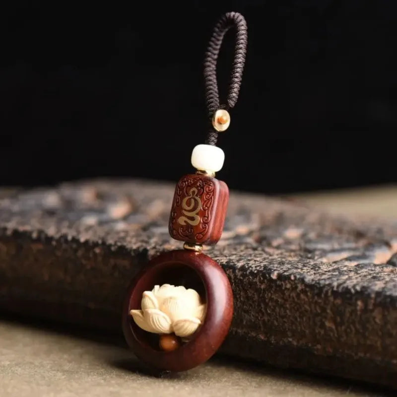 Mini Wooden Buddha Statue Lucky Lotus Keychain Pendant Accessories