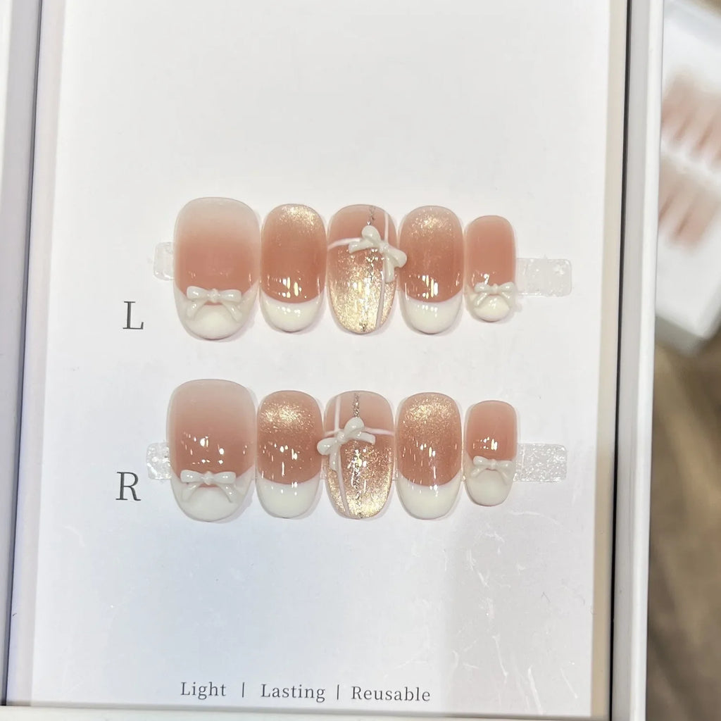 Handmade French Cat Eye Press On Nails – White Bow Short Round