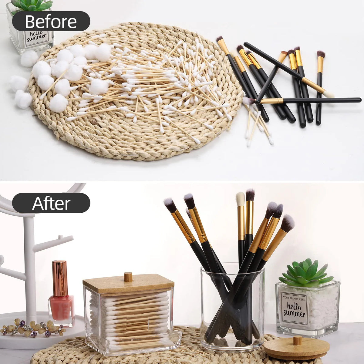 Bathroom Container Wood Lids Cotton Ball Swabs Dispenser Apothecary