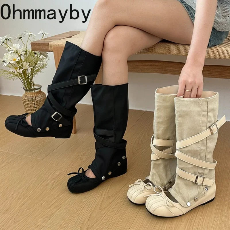 Y2K Knee-High Flat Boots – Double Buckle Bow Slip-On Booties