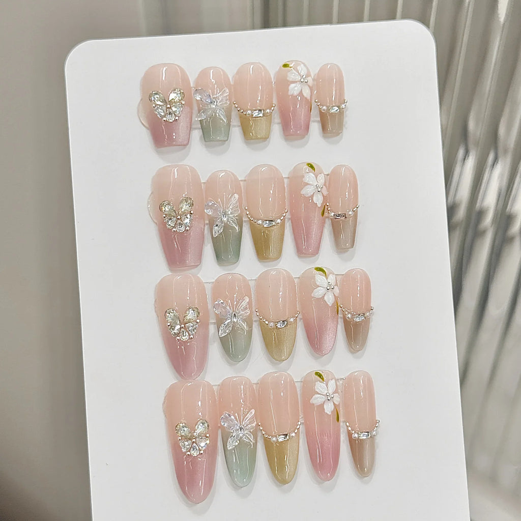 Press On Nails Pink Green Cat Eye Butterfly | Korean French Style