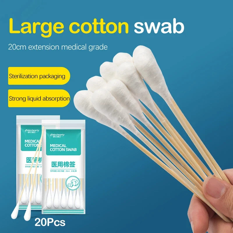 20pcs Sterile Large Head Cotton Swabs – 20cm Wood Stick Buds