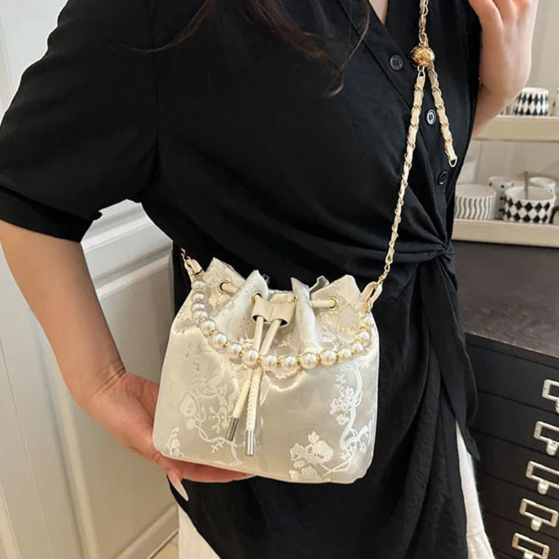 Pearl Chain Bucket Bag – Retro Chinese Style Crossbody