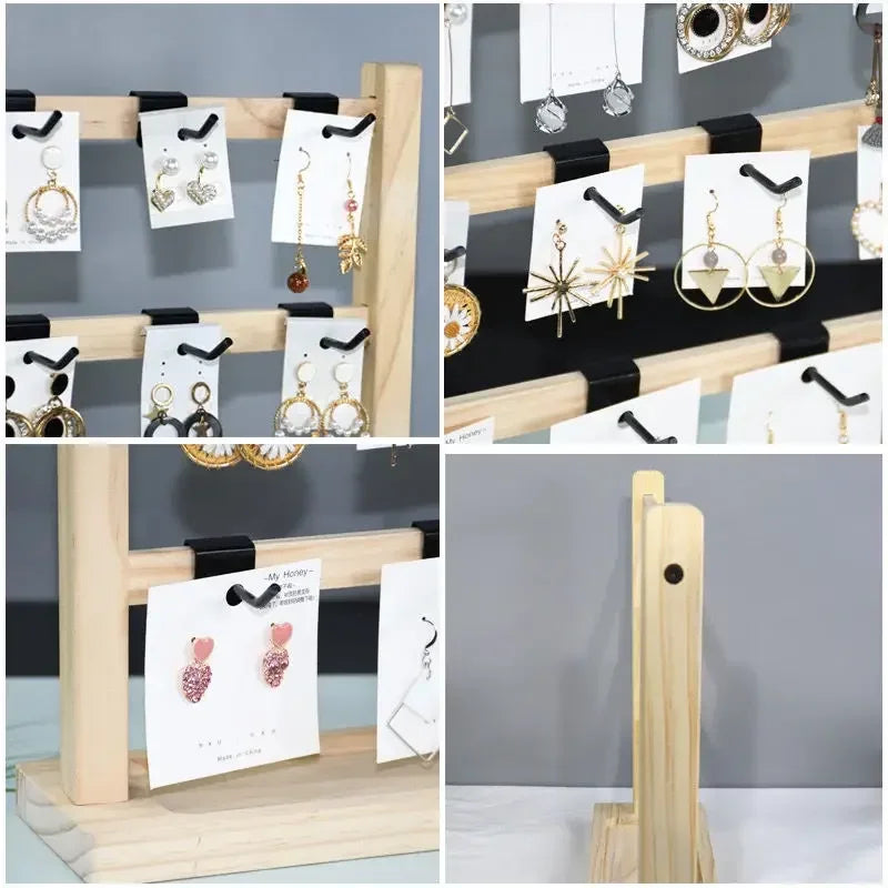 Solid Wood Jewelry Display Rack with Hooks | Multi-Tier Organizer