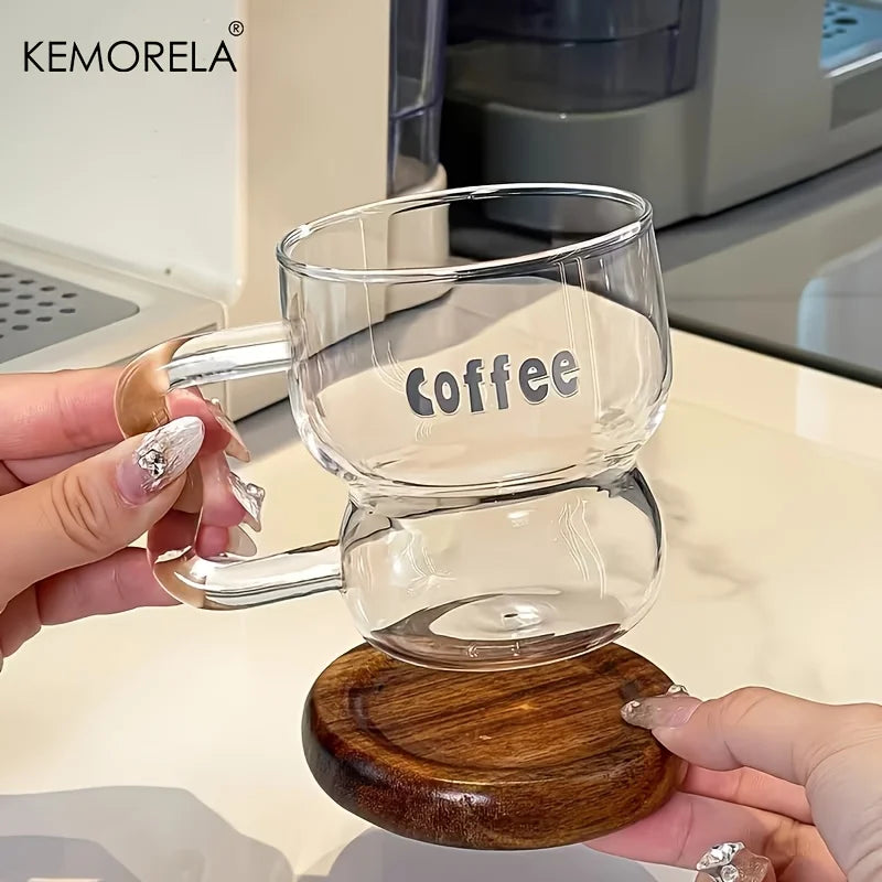 Transparent Glass Coffee Mug with Wooden Handle & Coaster