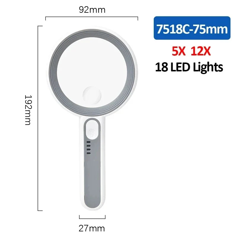Rechargeable 12X Handheld Magnifier with LED Light – 3 Modes