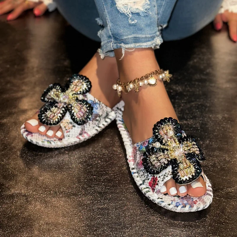 UXST Women Platform Slippers – Pearl Flower Printed Leather