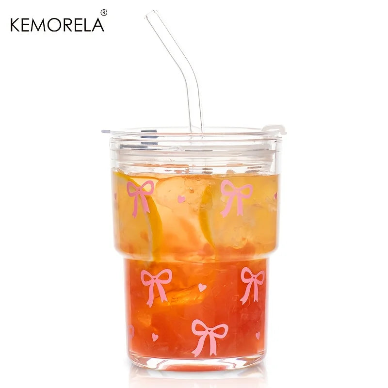 KEMORELA 380ml Pink Bow Glass Cup with Lid & Glass Straw