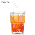 KEMORELA 380ml Pink Bow Glass Cup with Lid & Glass Straw