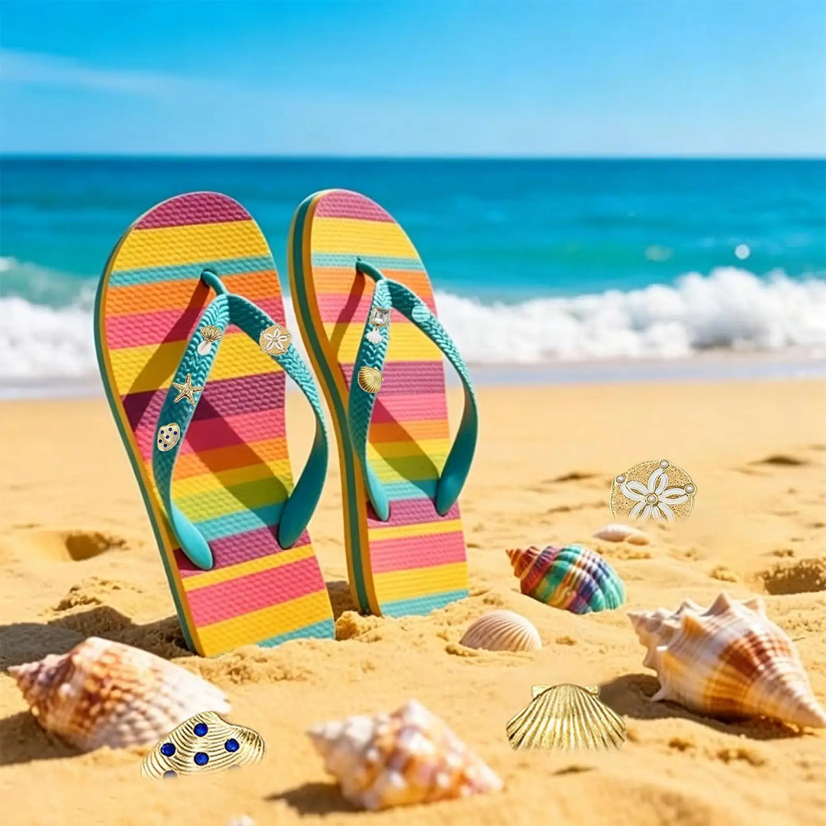 6-Piece Gold Sea Shell Sandal Charms – Beach Slipper Decor Set