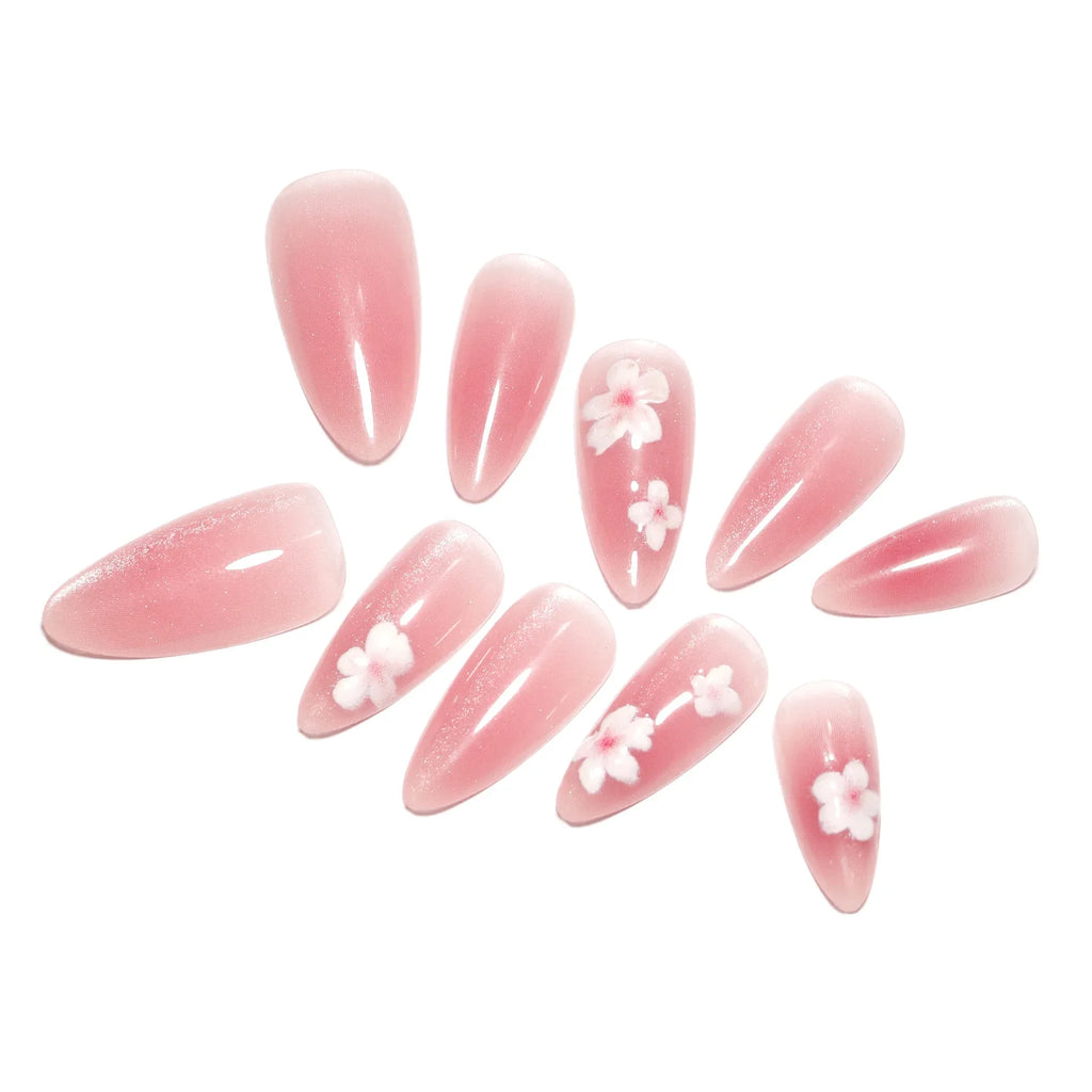 Handmade Pink Cat Eye Press-On Nails | Almond Korean Style