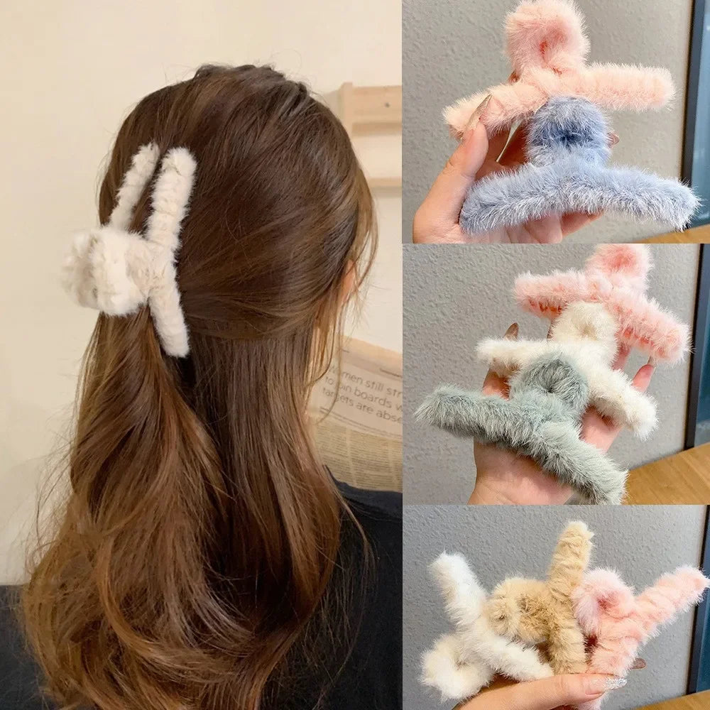 Fluffy Faux Fur Big Crab Hair Claw Clips for Women & Girls