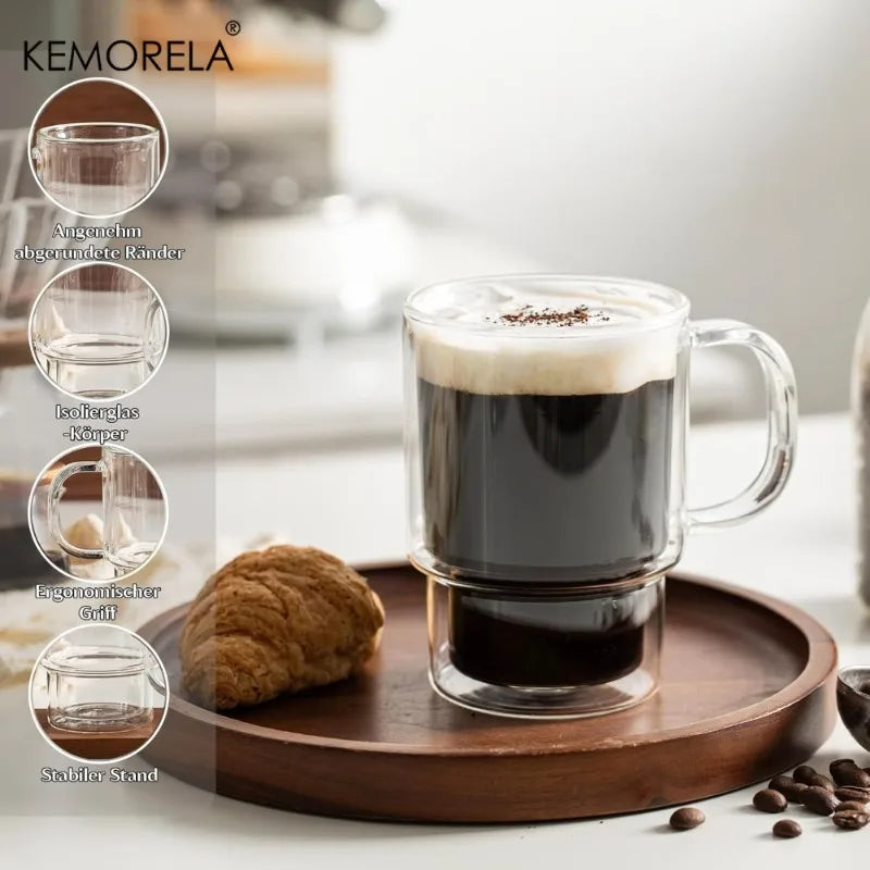 KEMORELA 450ml Borosilicate Glass Coffee Cups with Handle