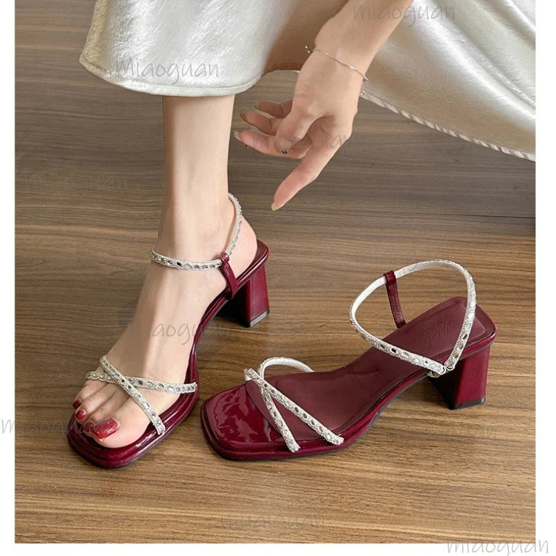 Rhinestone Women's High Heel Wedding Sandals – Square Toe