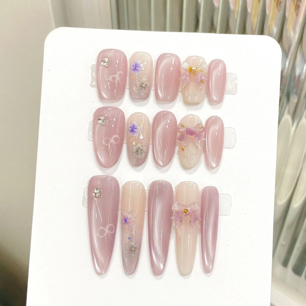 Pink Cat Eye Press On Nails | 3D Bow Korean False Nails 10pcs