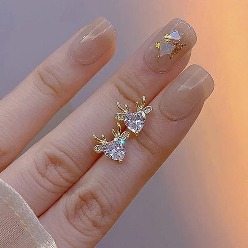 Huitan Elk Stud Earrings Gold Cubic Zirconia Christmas Jewelry