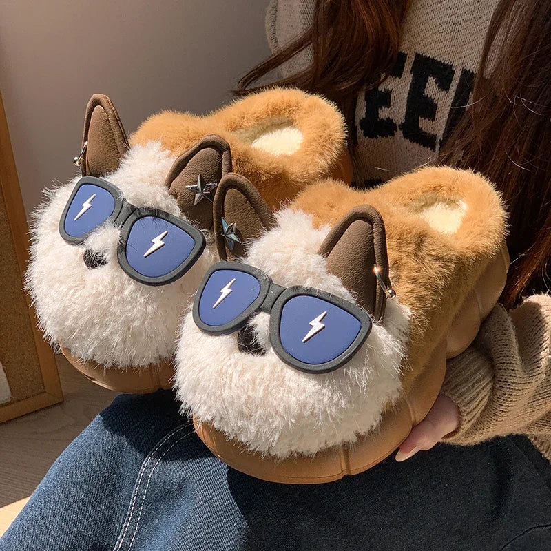 Cute Dog Head Fluffy Slippers – Women's Winter Indoor Slides