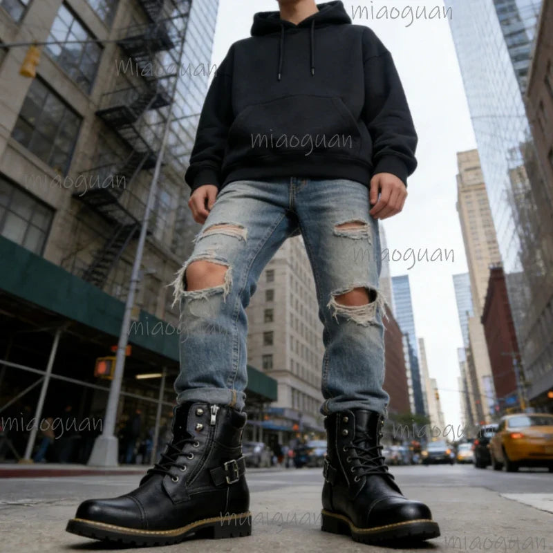 Men's Retro Leather Ankle Boots – Double Zipper Motorcycle Style