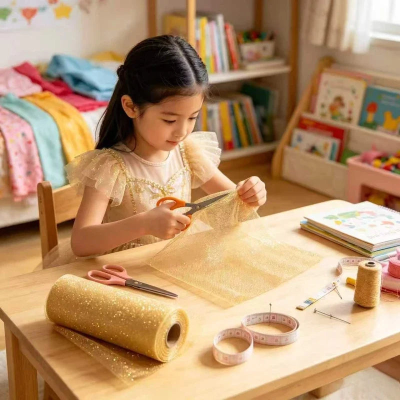 Gold Glitter Tulle Roll – 6" x 25 Yds Shimmer Mesh Ribbon