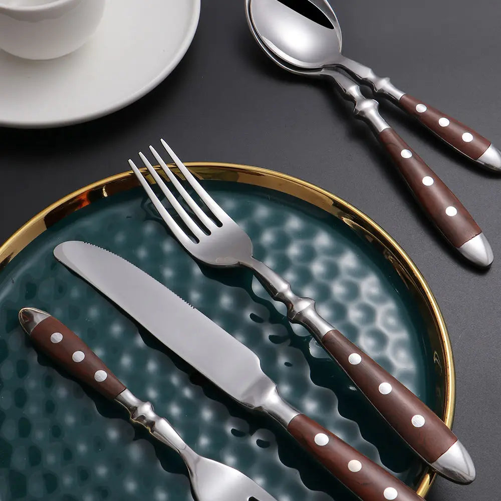 6-Piece Wood-Grain Stainless Steel Cutlery Set | Knife Fork Spoon