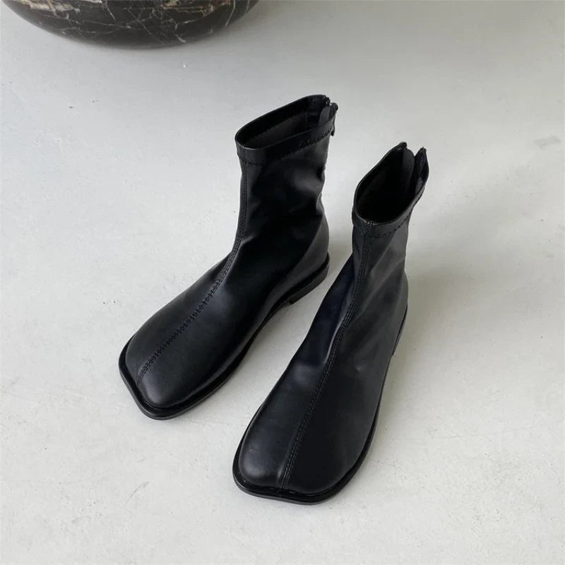 Women's PU Leather Ankle Boots – Square Heel Side Zip