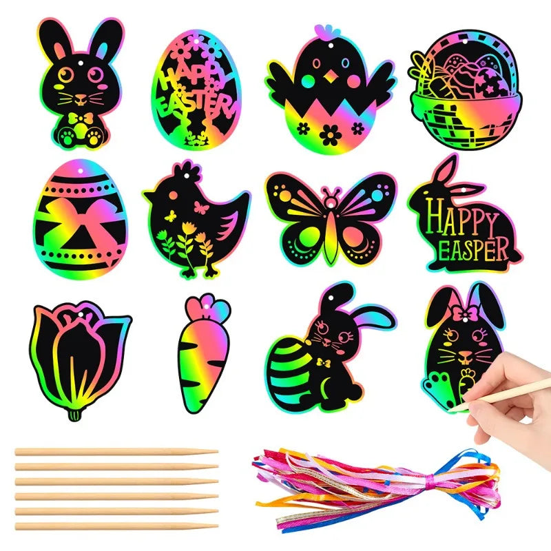 Scratch Paper Cards with Wooden Stylus & Ribbons – 24/48 Pc DIY
