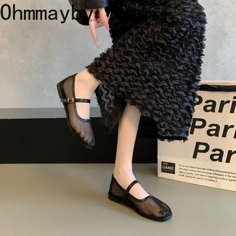 Women's Mesh Mary Jane Ballet Flats – Buckle Strap & Breathable