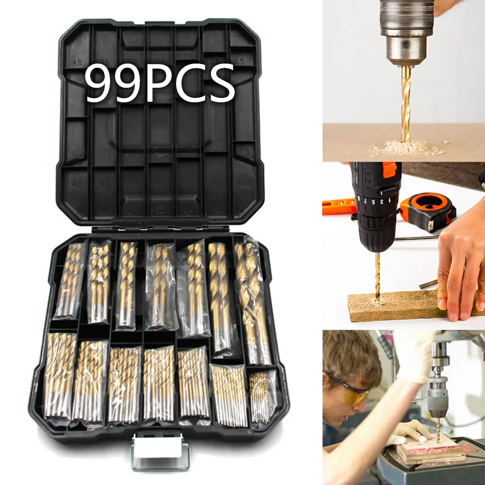 99-Pc Titanium HSS Drill Bit Set 1.5–10mm | Steel Wood Plastic