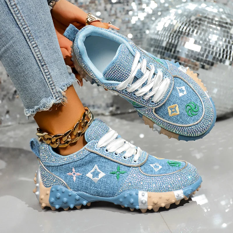 MCDV Women's Embroidery Crystal Sneakers Anti-Slip Lace-Up