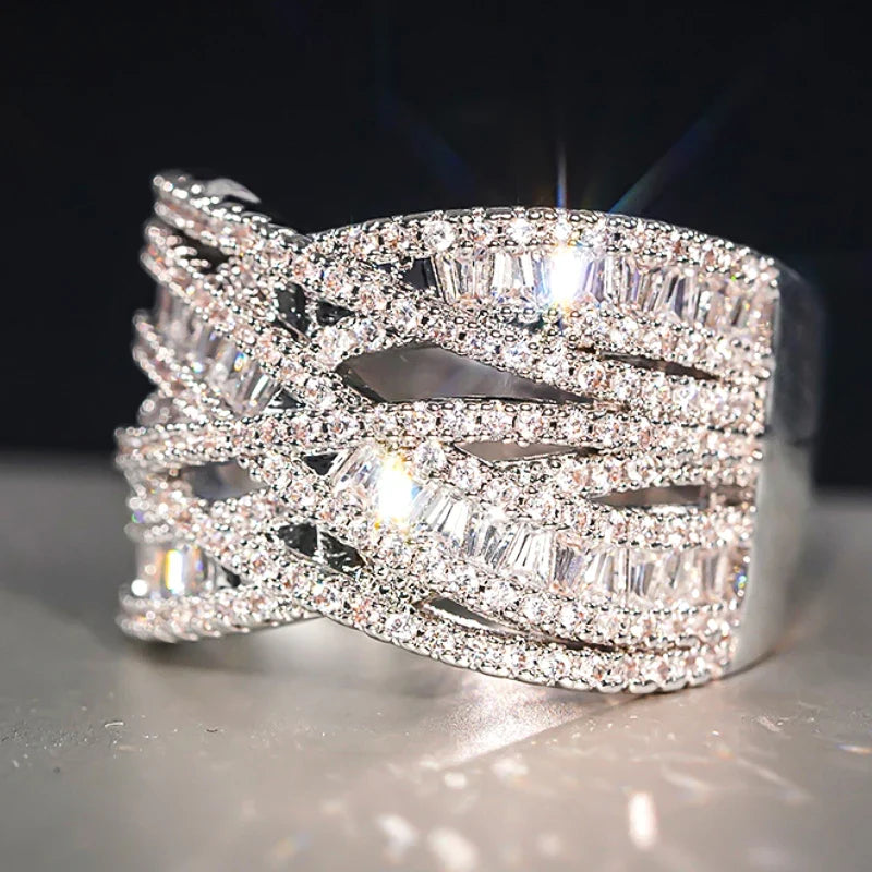 Huitan Cross Finger Ring – Silver CZ Pavé Fashion Ring for Women