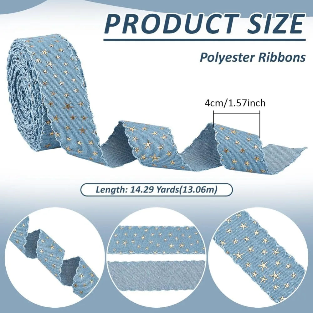 14.29 Yards Star Polyester Ribbon – Light Blue Gold 40mm