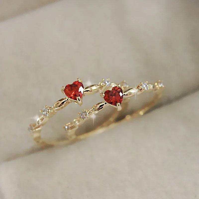 Huitan Red Heart CZ Ring – Gold Wedding Band for Women