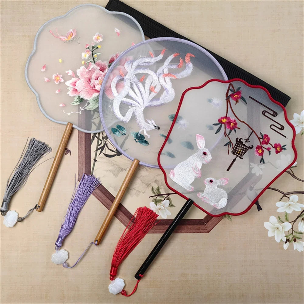 Flower Embroidered Silk Round Fan Chinese Hand Fans Wooden Handle