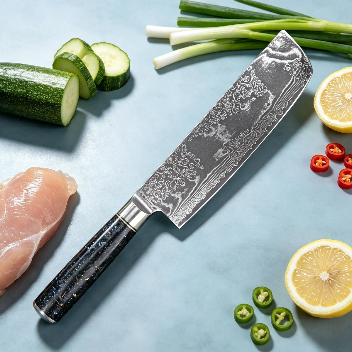 67-Layer Damascus Steel Nakiri Knife – Sharp Chef's Cleaver