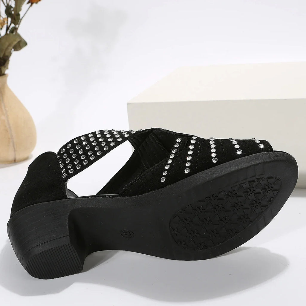 Women's Rhinestone Crystal Dance Sandals | Open Toe Square Heel