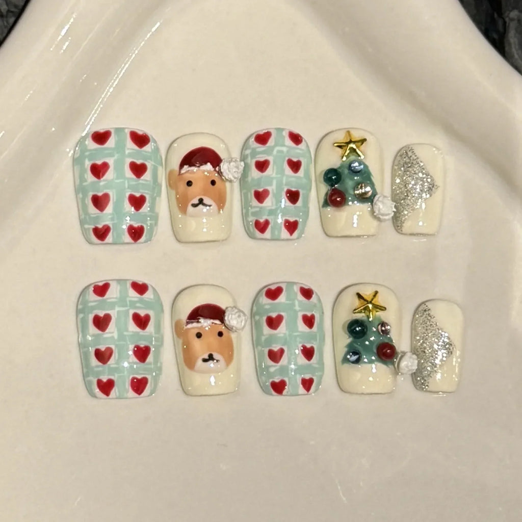 Christmas Press On Nails | 3D Bow Sequin Handmade Fake Nails 10pc