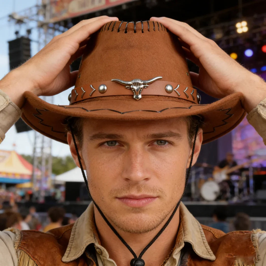 Vintage Brown Faux Suede Western Cowboy Hat Bull Skull Arrow Stitch